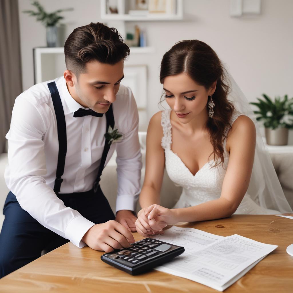 Bride and groom looking at calculator together planning wedding budget