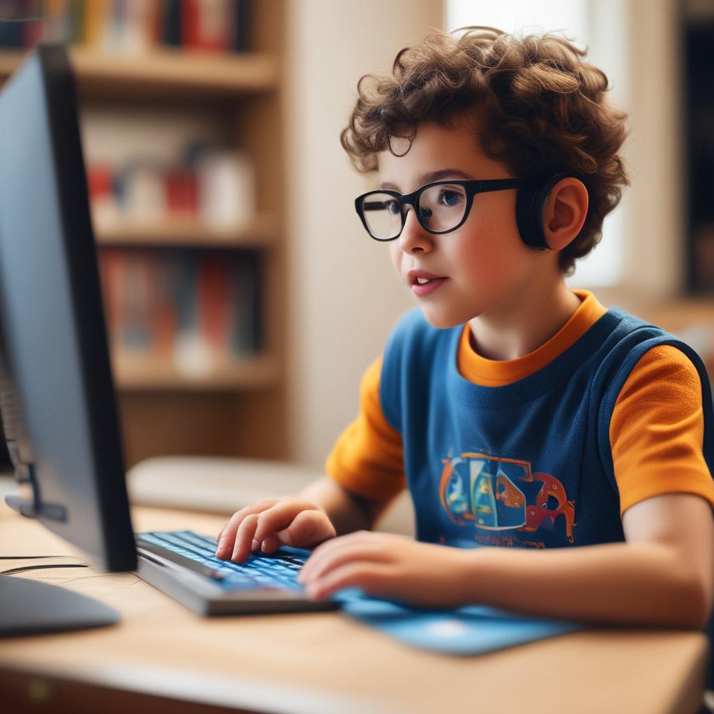 Young child playing educational video game on computer